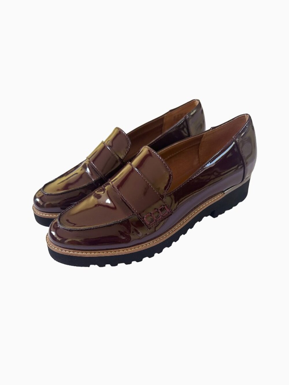 Franco Sarto Patent Leather Lug Sole Loafers 7 Burgundy Brown Penny Platform Y2K